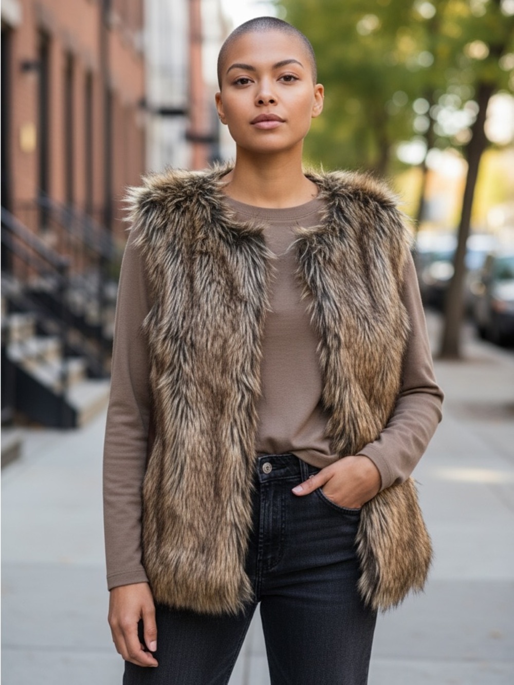 Miss London Faux Fur Brown/Black vest Medium